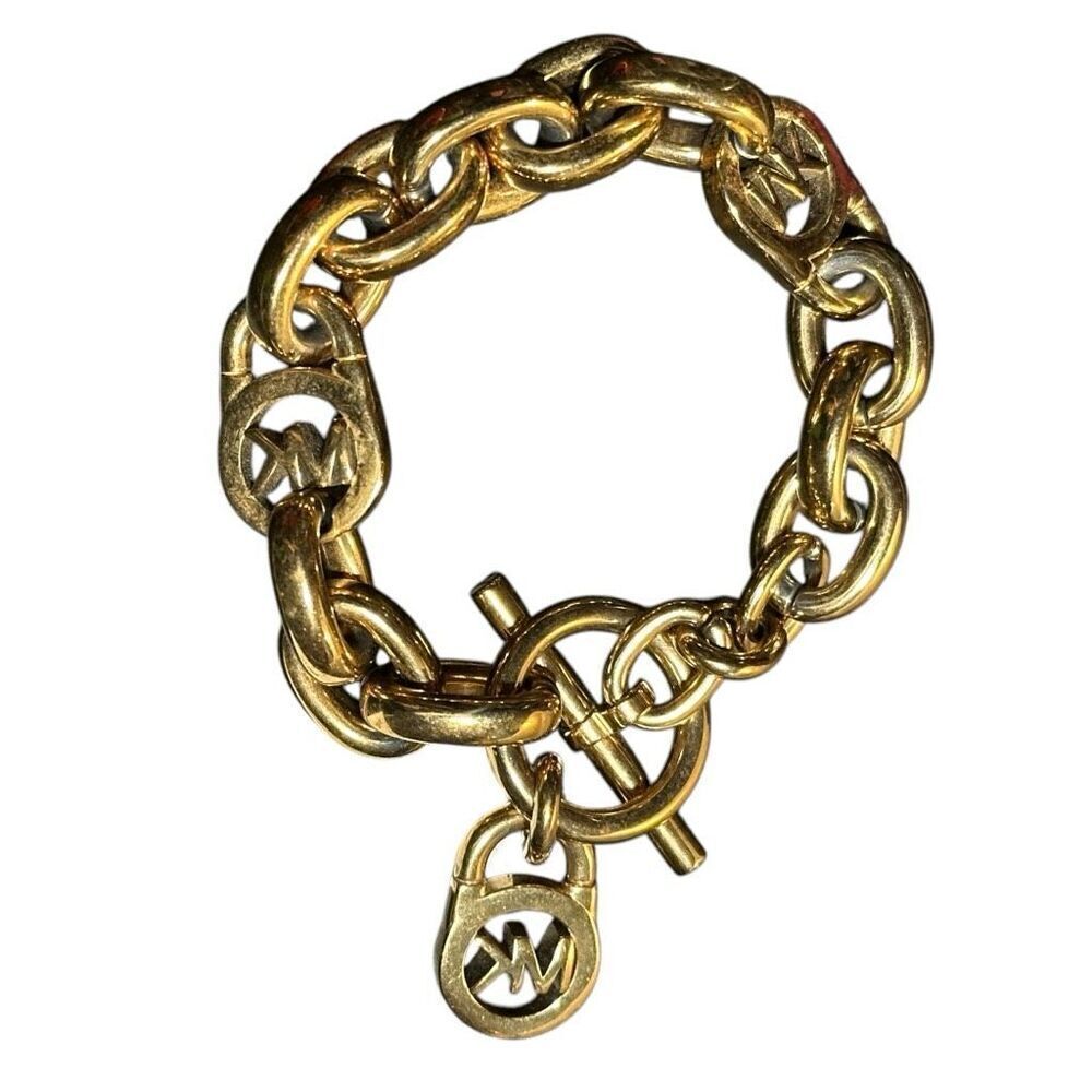 MICHAEL KORS Gold Plated Chain Link Bracelet MK Monogram Logo Bracelet Jewelry D - Picture 2 of 6